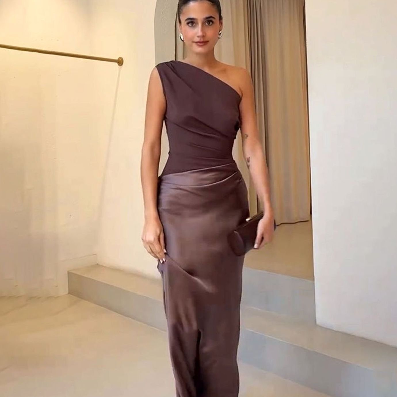 Women's One-Shoulder Sleeveless Satin Skirt Maxi Dress