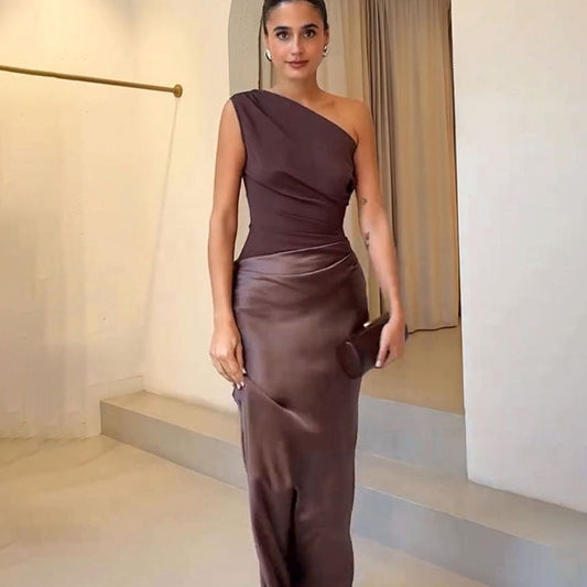 Women's One-Shoulder Sleeveless Satin Skirt Maxi Dress