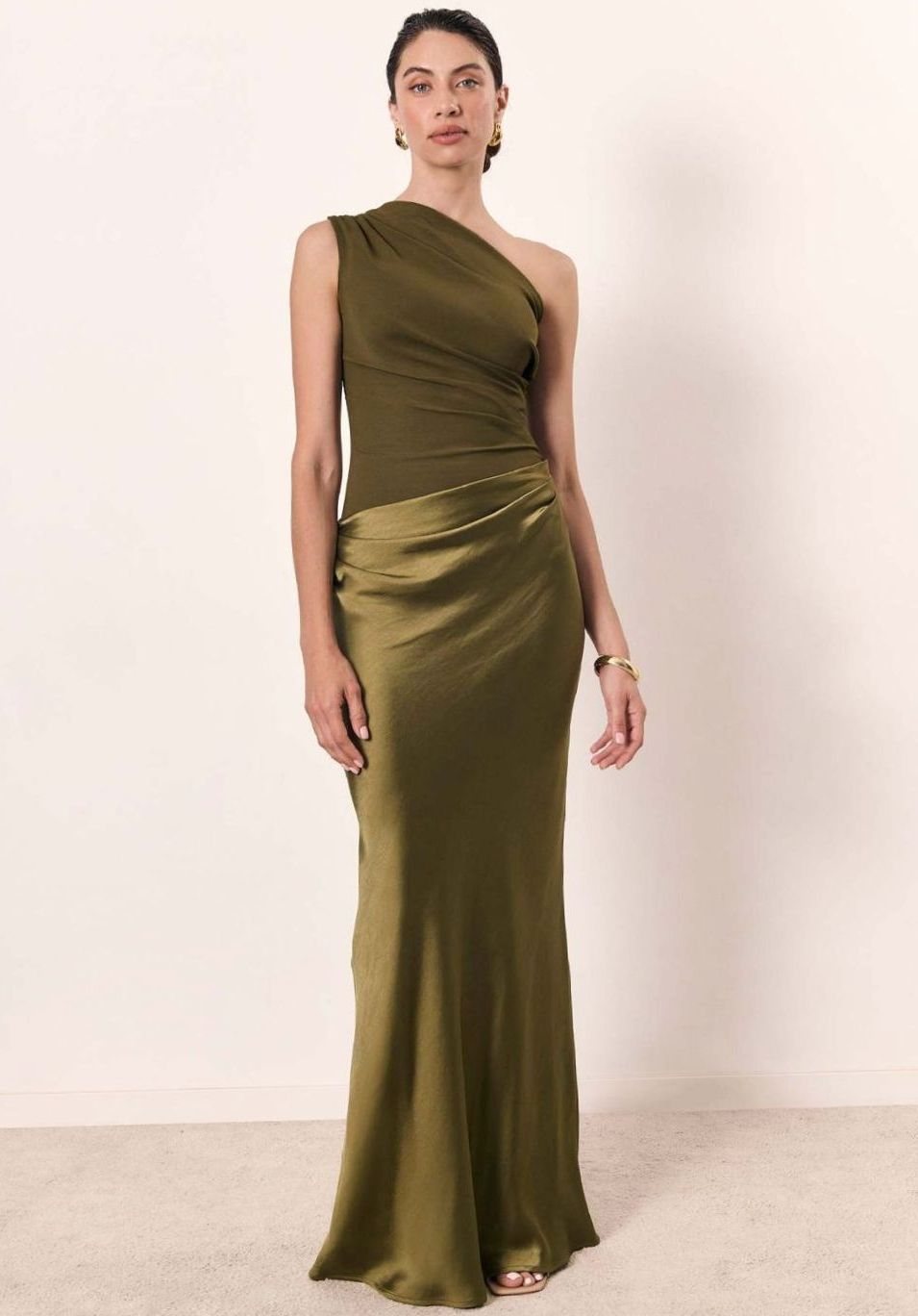 Women's One-Shoulder Sleeveless Satin Skirt Maxi Dress
