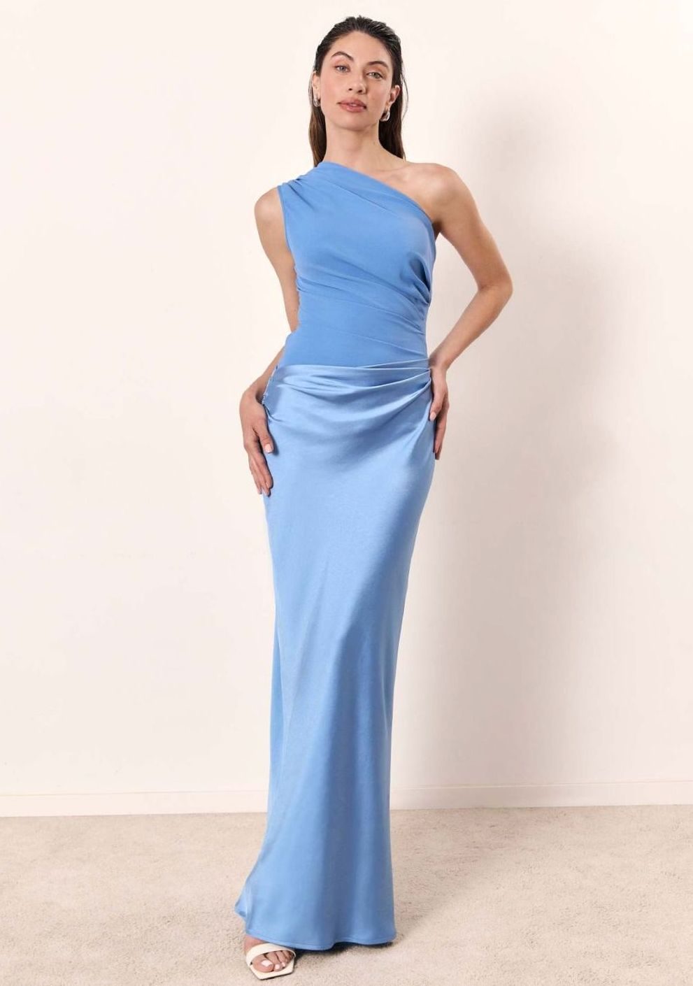 Women's One-Shoulder Sleeveless Satin Skirt Maxi Dress