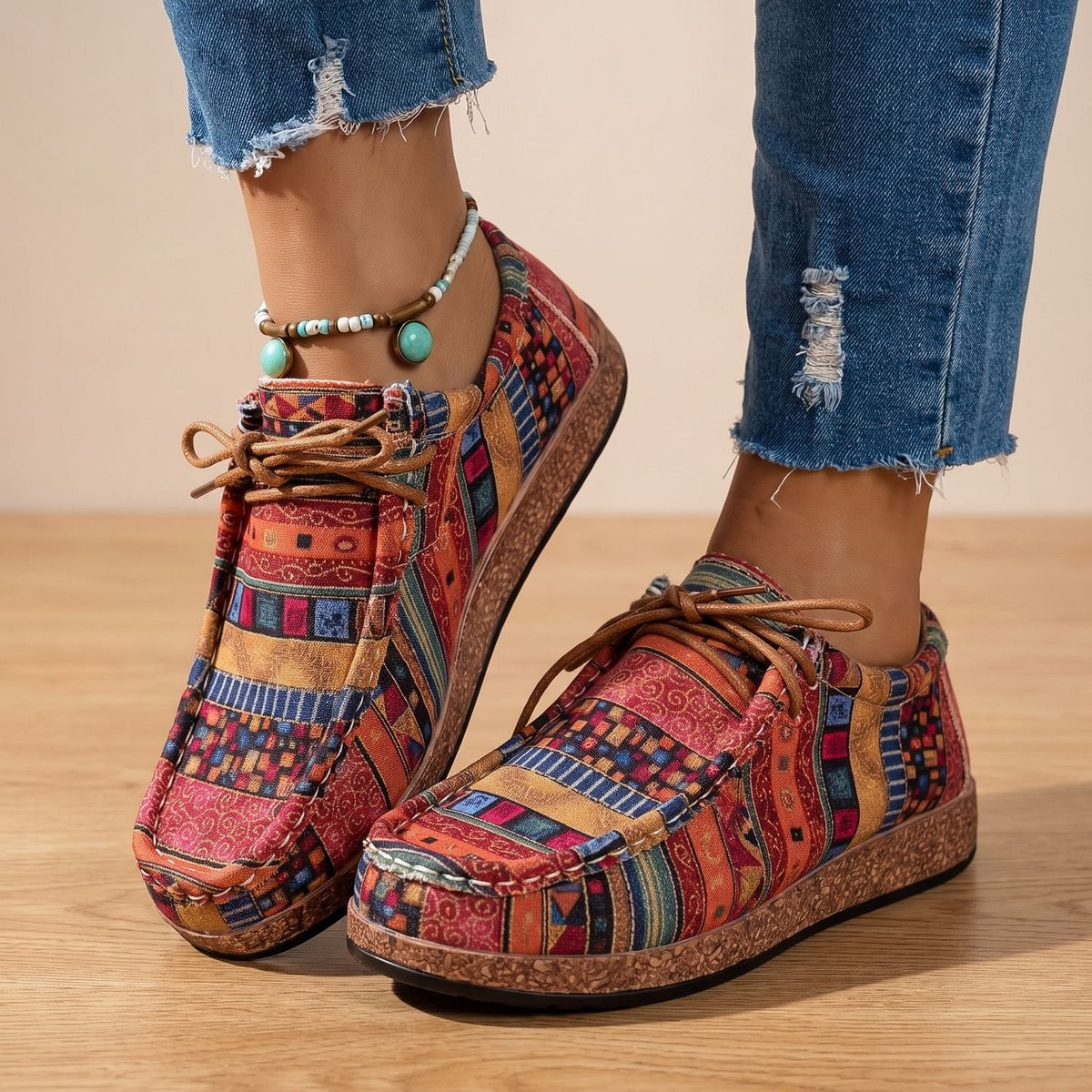 Women's Orthopedic Boho Patchwork Lace-Up Comfort Sneakers