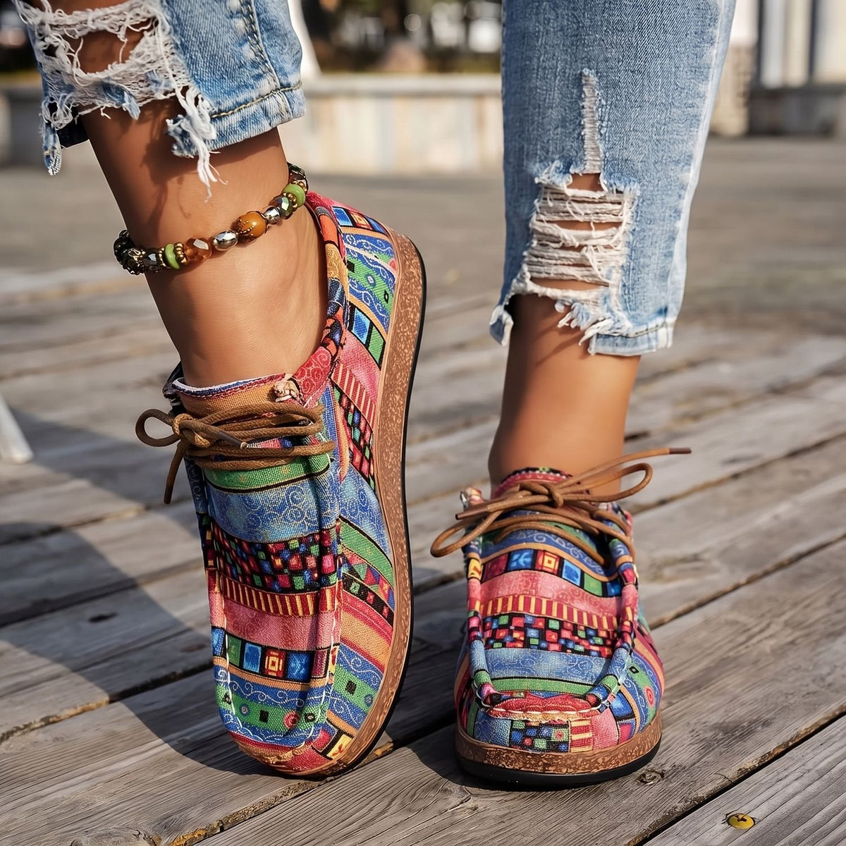 Women's Orthopedic Boho Patchwork Lace-Up Comfort Sneakers