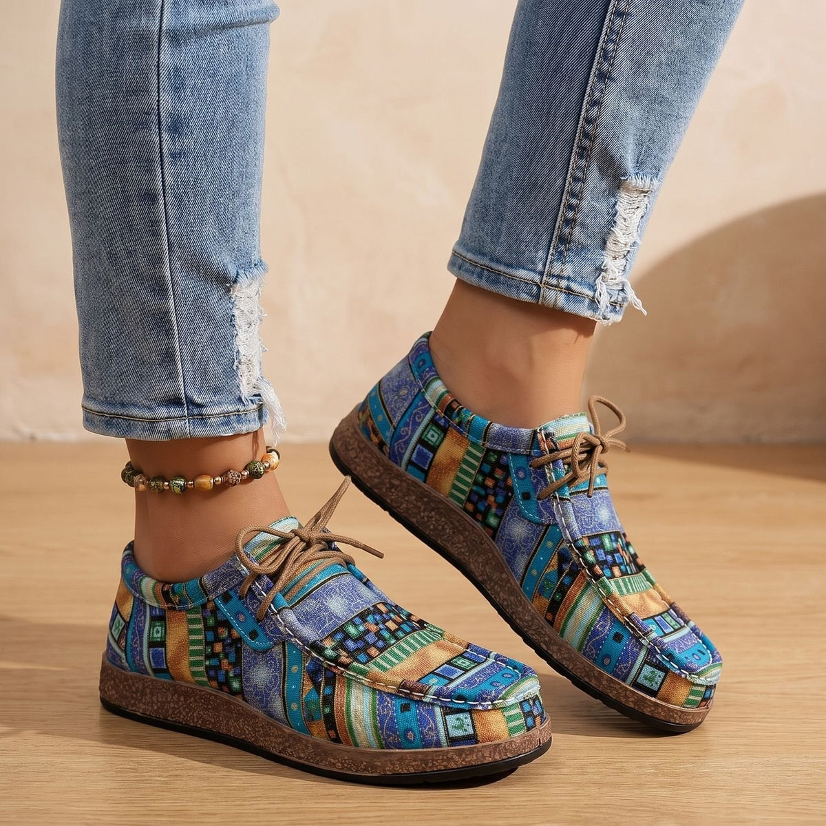 Women's Orthopedic Boho Patchwork Lace-Up Comfort Sneakers