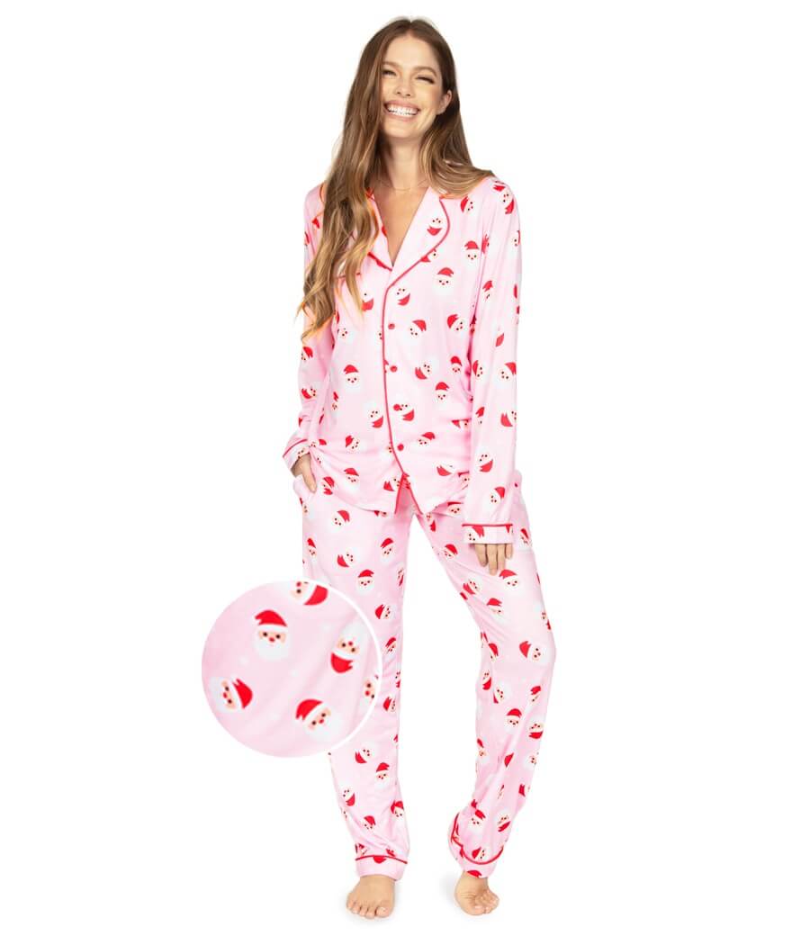 Women's Pink Holiday Loungewear Set with Santa Motif and Lapel Collar Top