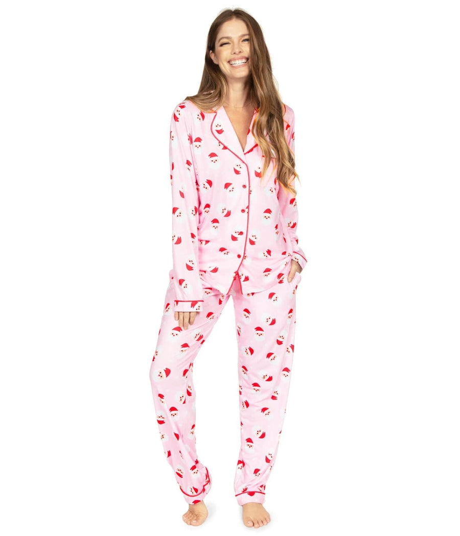 Women's Pink Holiday Loungewear Set with Santa Motif and Lapel Collar Top