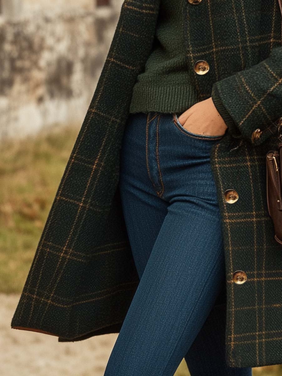 Women's Plaid Wool Blend Trench Coat