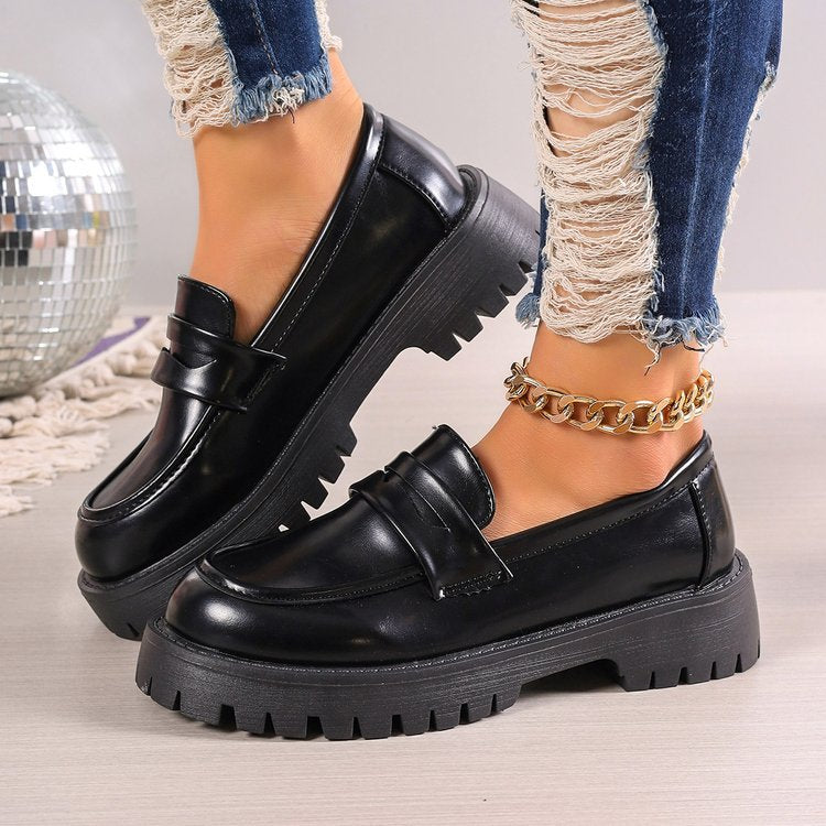 Women's Platform Loafers with Heavy-Duty Treaded Rubber Outsole and Decorative Saddle Strap