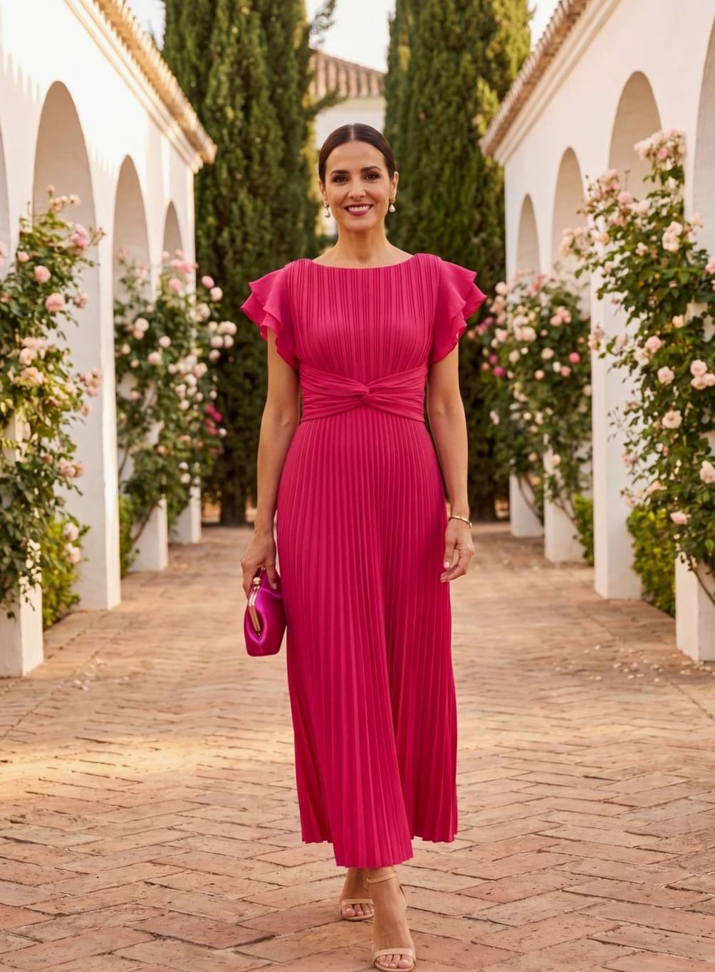 Women's Pleated Flutter Sleeve Midi Formal Wedding Guest Dress