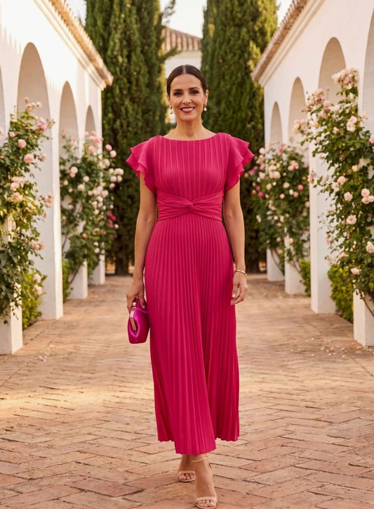 Women's Pleated Flutter Sleeve Midi Formal Wedding Guest Dress