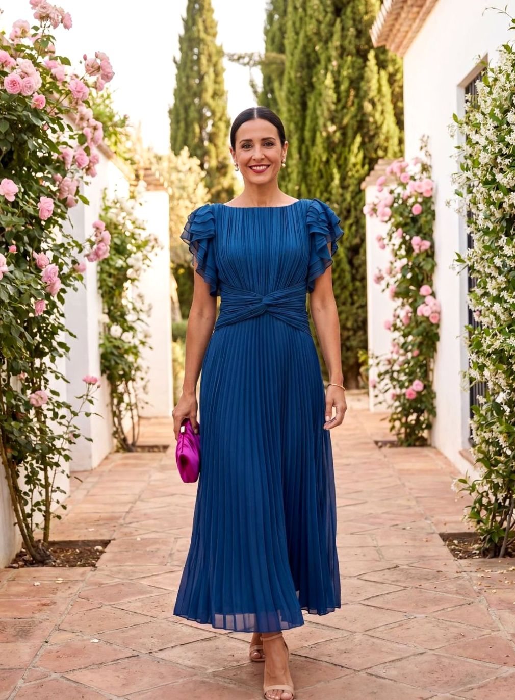 Women's Pleated Flutter Sleeve Midi Formal Wedding Guest Dress