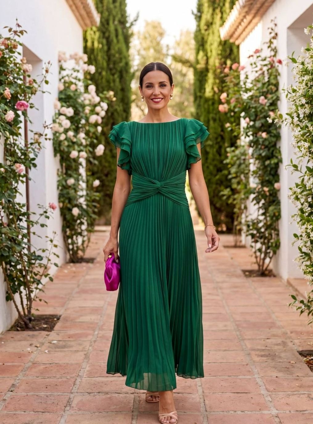 Women's Pleated Flutter Sleeve Midi Formal Wedding Guest Dress
