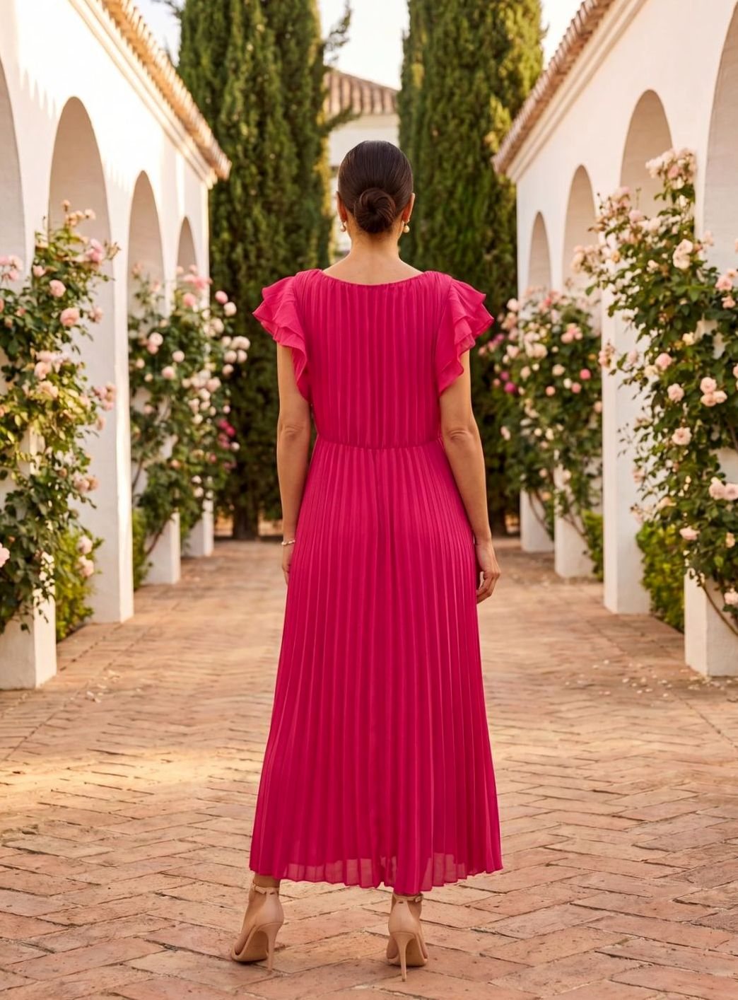 Women's Pleated Flutter Sleeve Midi Formal Wedding Guest Dress