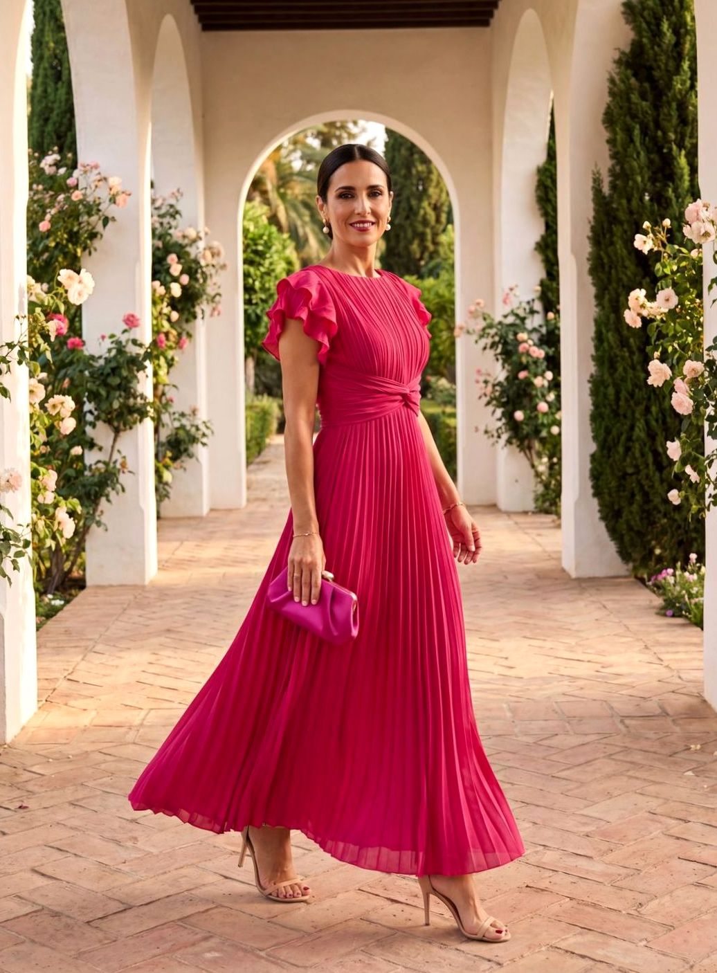 Women's Pleated Flutter Sleeve Midi Formal Wedding Guest Dress