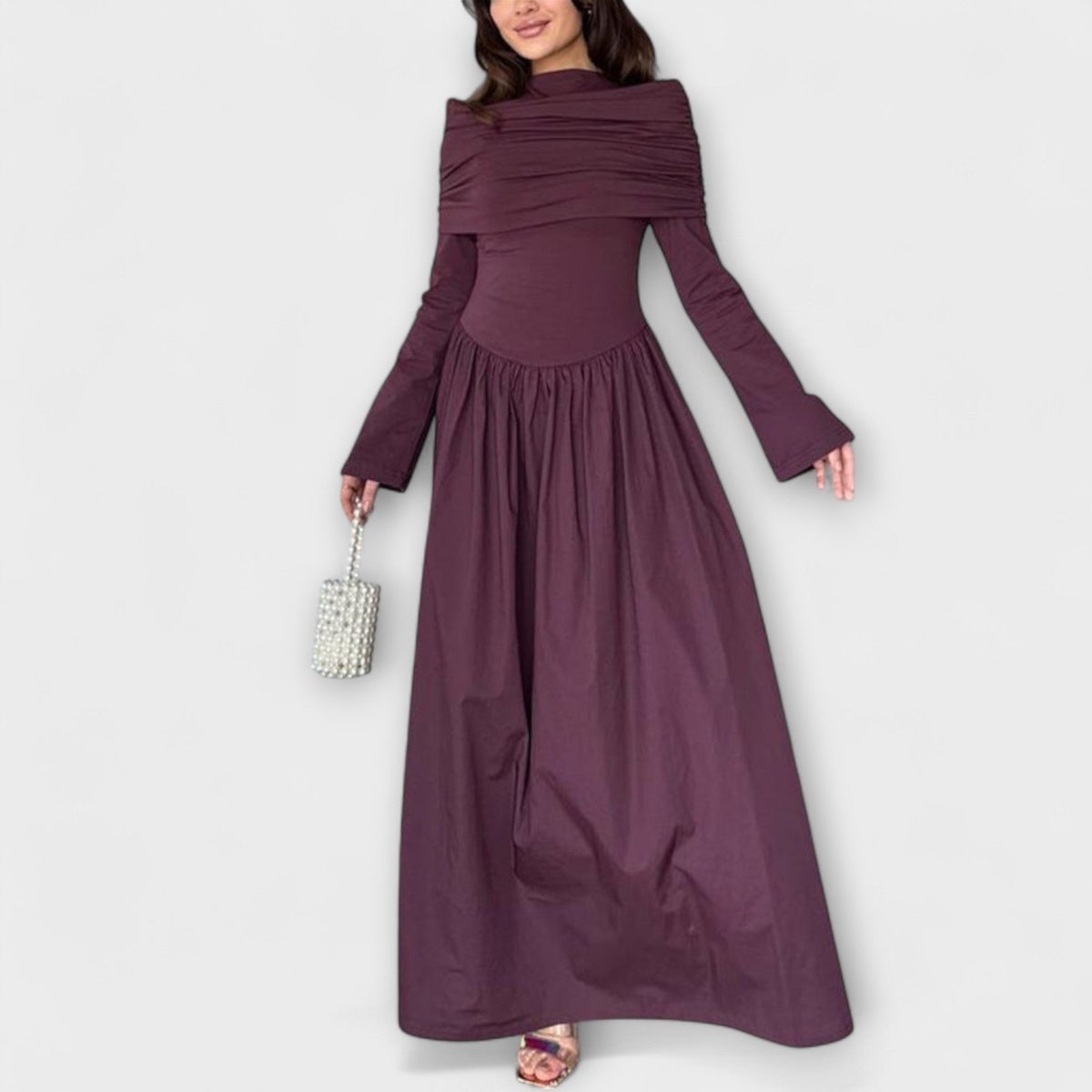 Women's Pleated High-Neck Long Sleeve Relaxed Maxi Dress