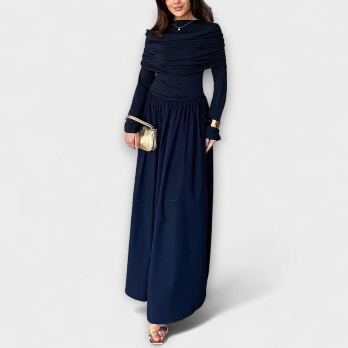 Women's Pleated High-Neck Long Sleeve Relaxed Maxi Dress
