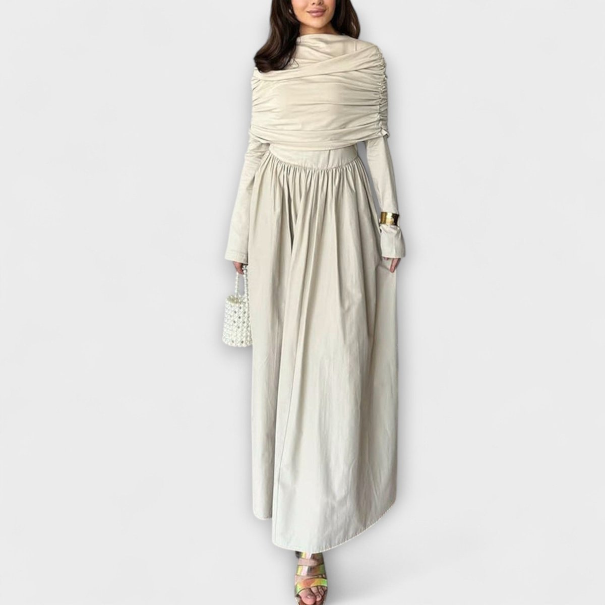 Women's Pleated High-Neck Long Sleeve Relaxed Maxi Dress