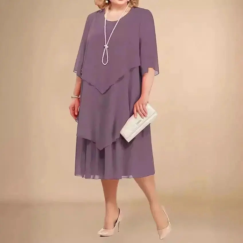 Women's Plus Size Chiffon Midi Dress with Asymmetrical Layers for Autumn Wedding Guests