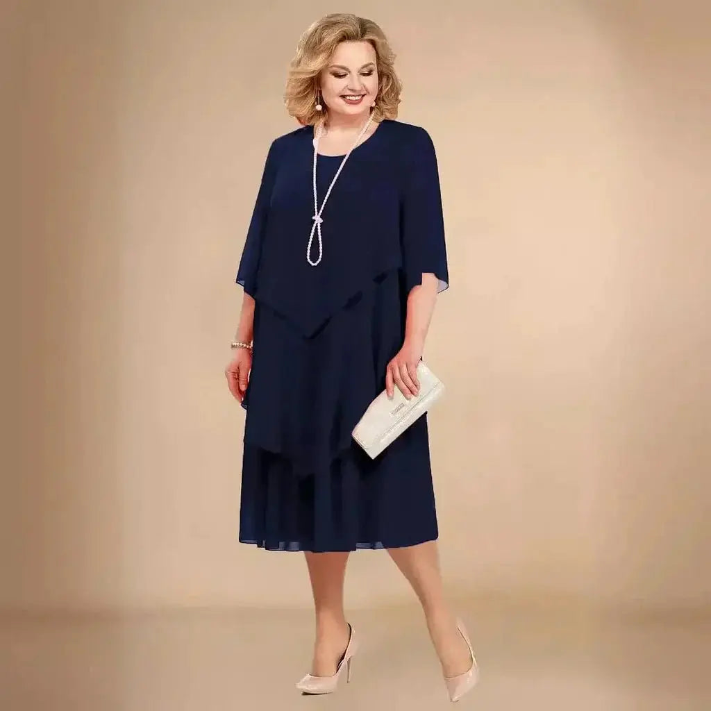 Women's Plus Size Chiffon Midi Dress with Asymmetrical Layers for Autumn Wedding Guests