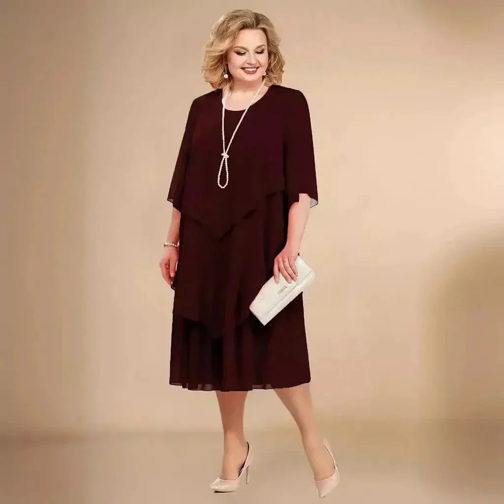 Women's Plus Size Chiffon Midi Dress with Asymmetrical Layers for Autumn Wedding Guests