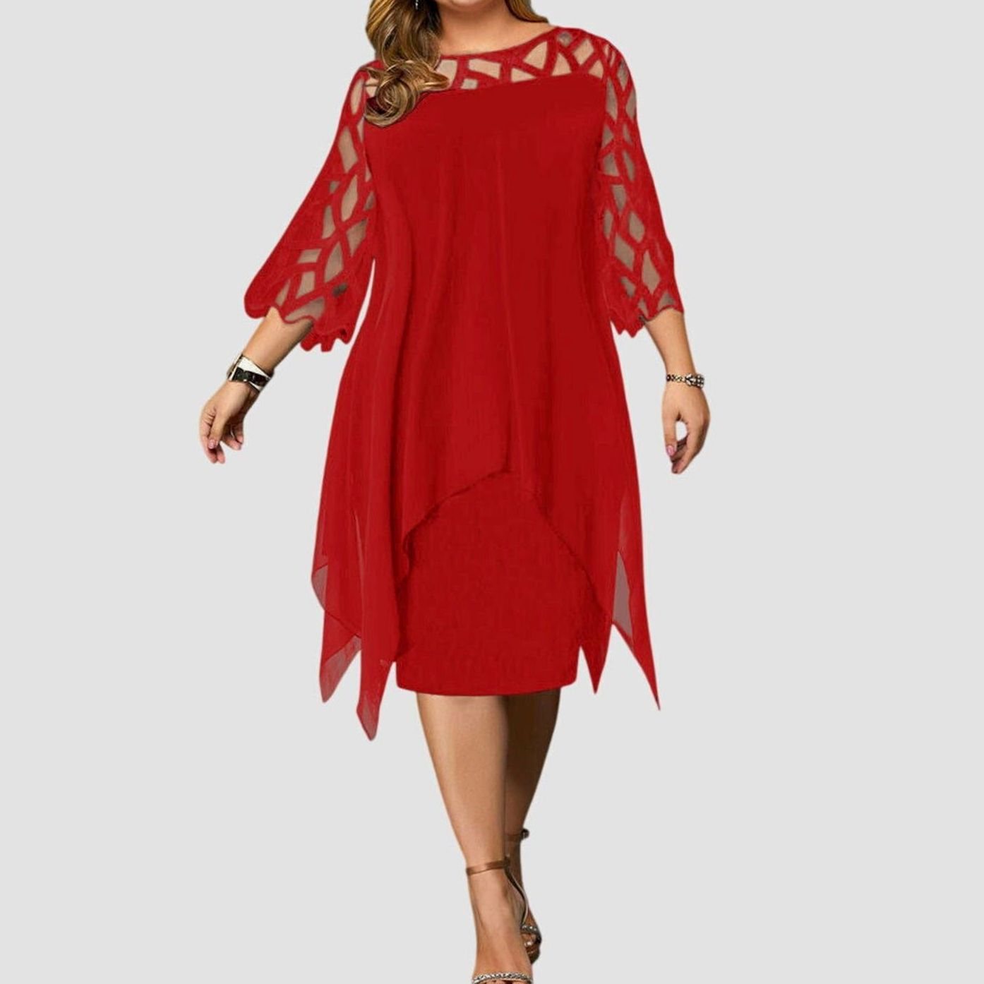 Women's Plus Size Lace Overlay Chiffon Midi Dress