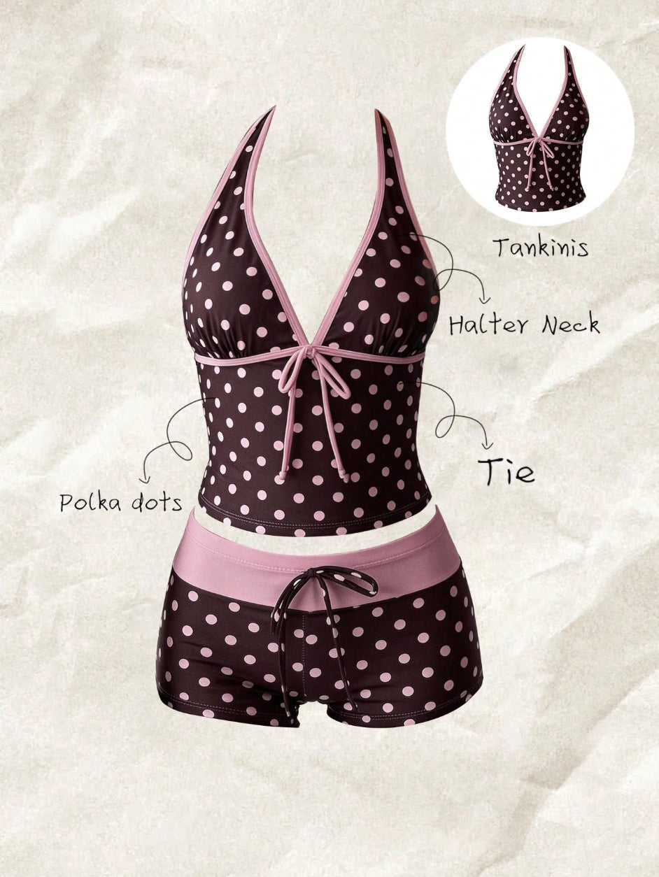Women's Polka Dot Tankini with Adjustable Halter Neck