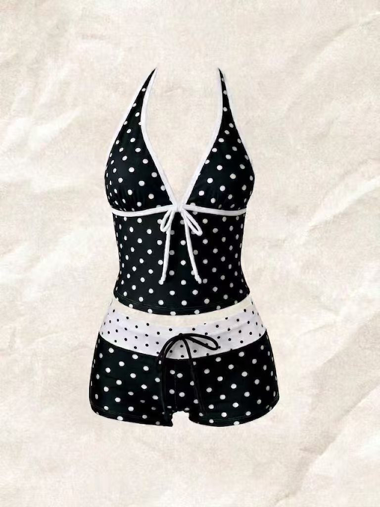 Women's Polka Dot Tankini with Adjustable Halter Neck