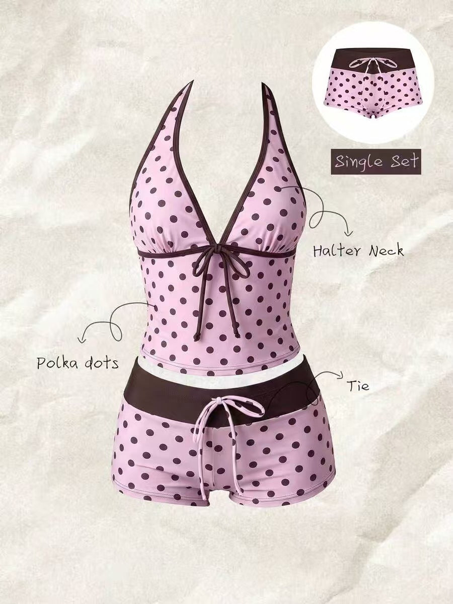 Women's Polka Dot Tankini with Adjustable Halter Neck