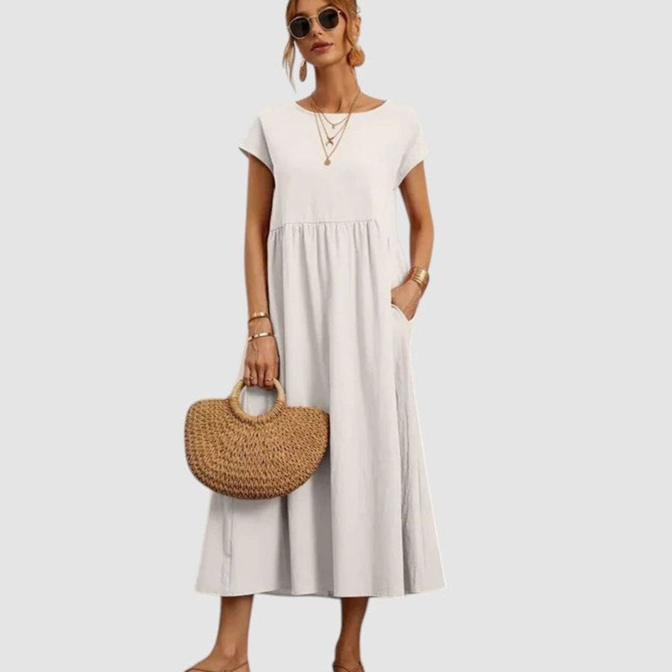 Women's Relaxed-Fit Short-Sleeve Round-Neck Flowy Midi Dress