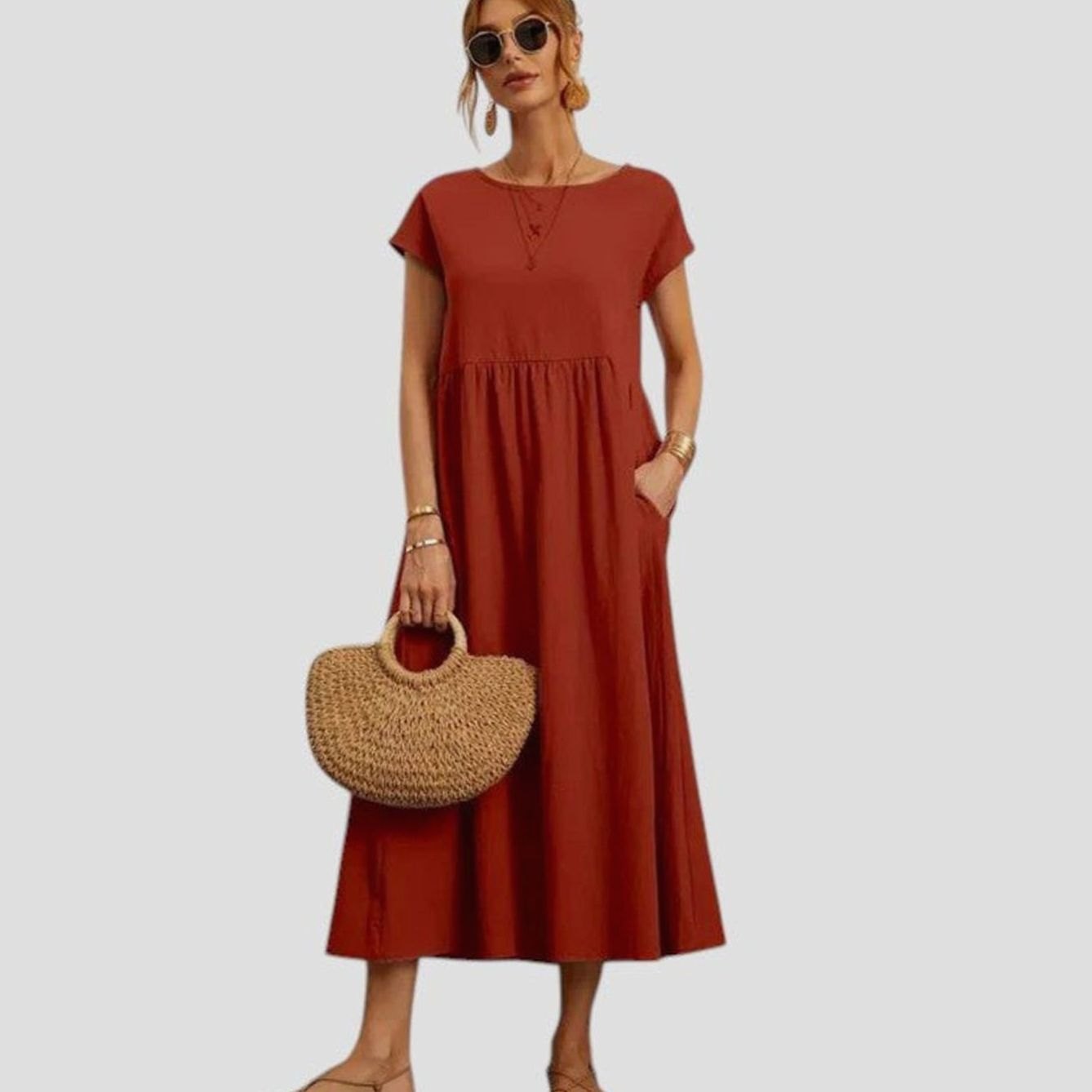 Women's Relaxed-Fit Short-Sleeve Round-Neck Flowy Midi Dress