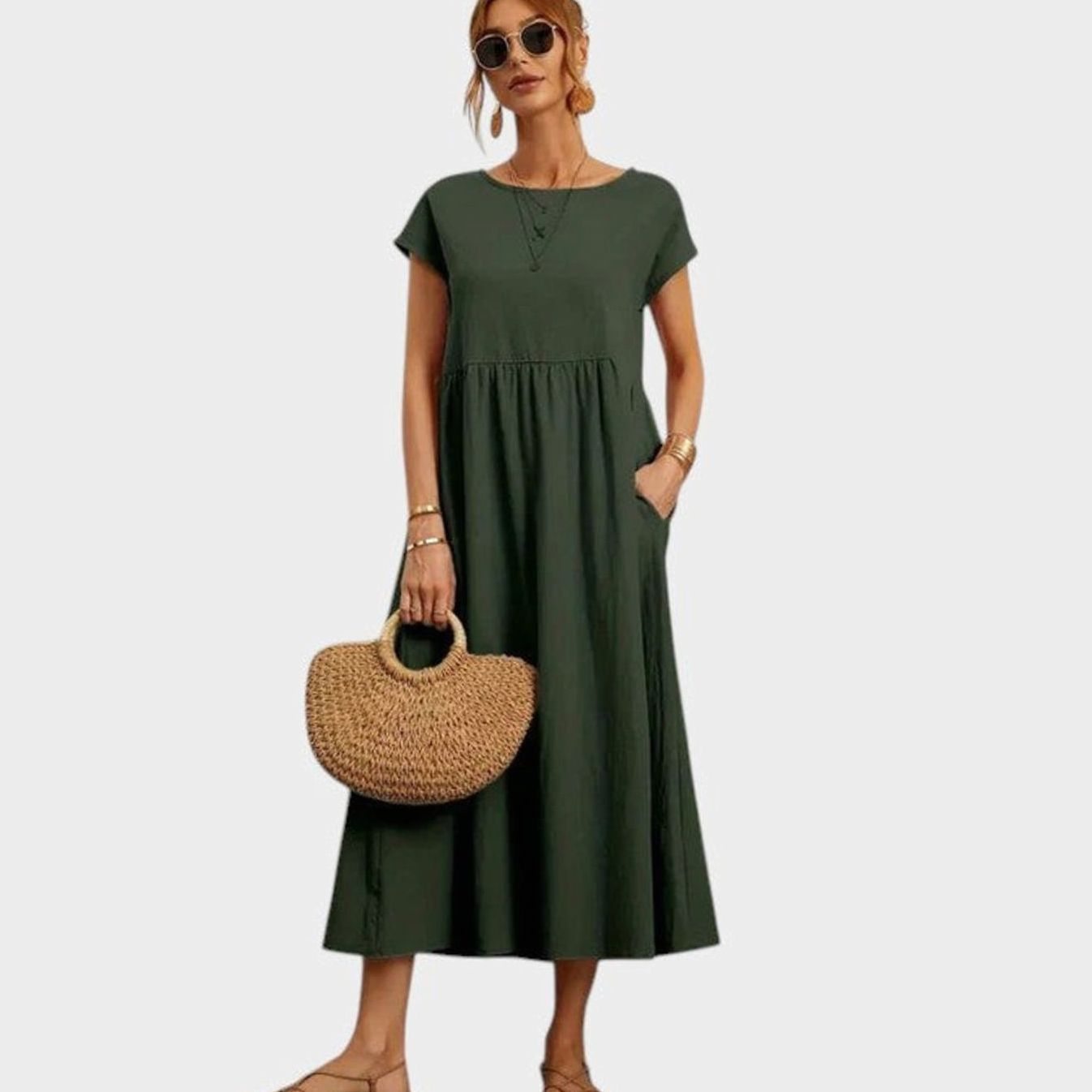 Women's Relaxed-Fit Short-Sleeve Round-Neck Flowy Midi Dress