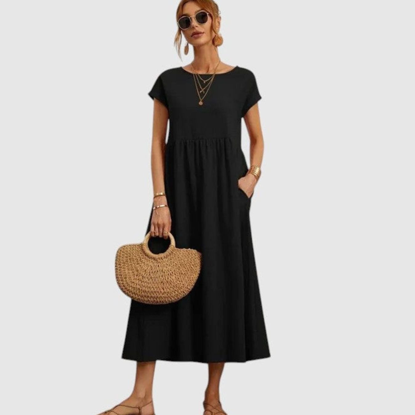 Women's Relaxed-Fit Short-Sleeve Round-Neck Flowy Midi Dress