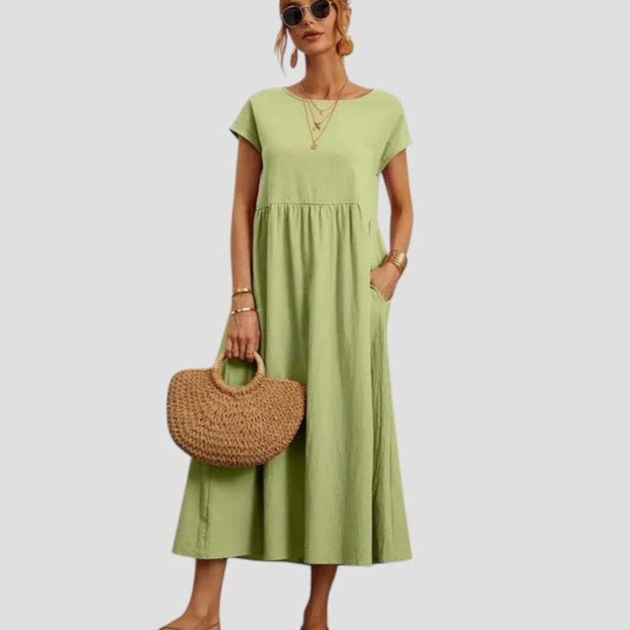 Women's Relaxed-Fit Short-Sleeve Round-Neck Flowy Midi Dress