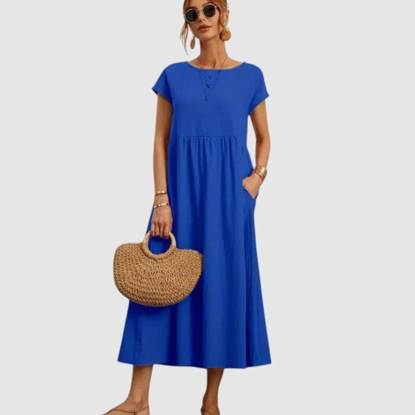 Women's Relaxed-Fit Short-Sleeve Round-Neck Flowy Midi Dress