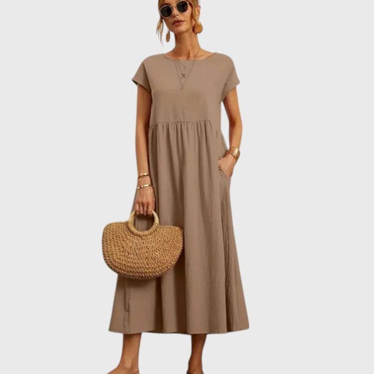 Women's Relaxed-Fit Short-Sleeve Round-Neck Flowy Midi Dress