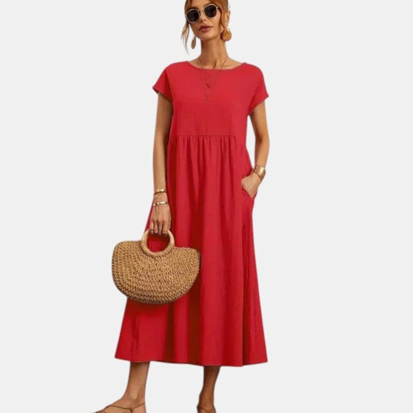 Women's Relaxed-Fit Short-Sleeve Round-Neck Flowy Midi Dress