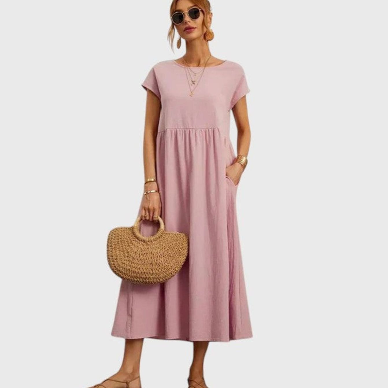 Women's Relaxed-Fit Short-Sleeve Round-Neck Flowy Midi Dress