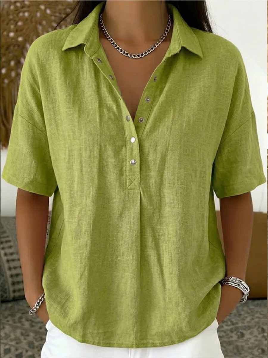 Women's Relaxed-Fit Snap-Button Collared Linen Pullover Top