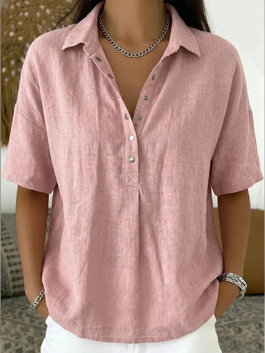 Women's Relaxed-Fit Snap-Button Collared Linen Pullover Top