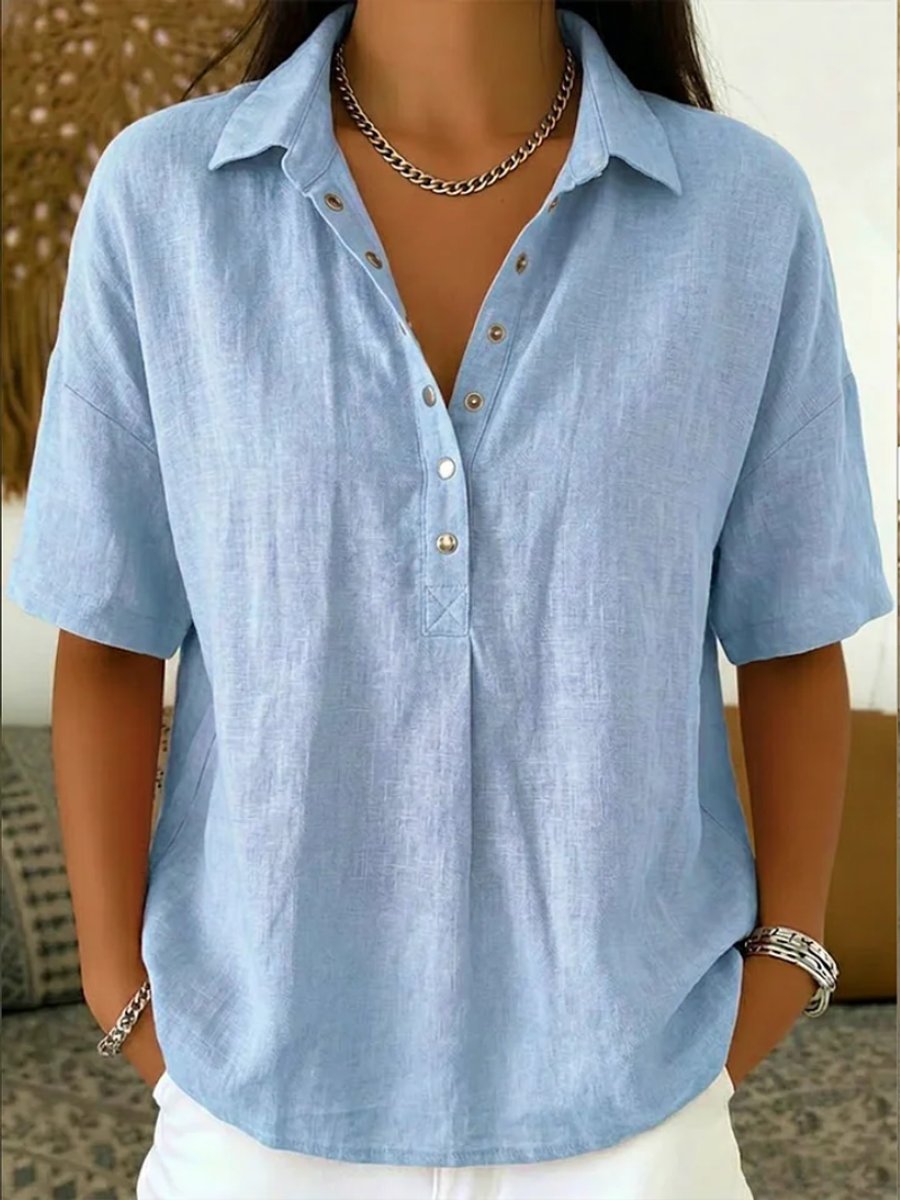Women's Relaxed-Fit Snap-Button Collared Linen Pullover Top