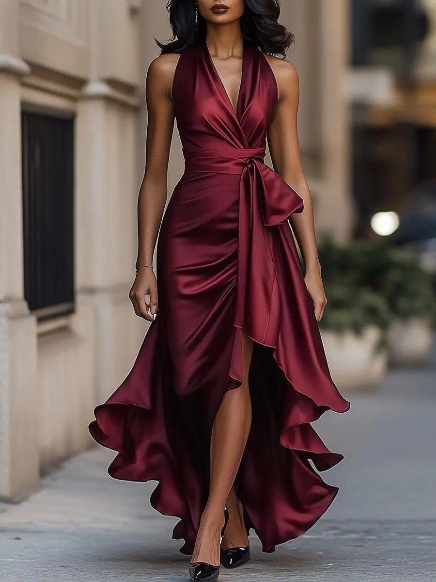 Women's Satin Halter Neck Wrap Cocktail Party High-Low Ruffle Maxi Dress