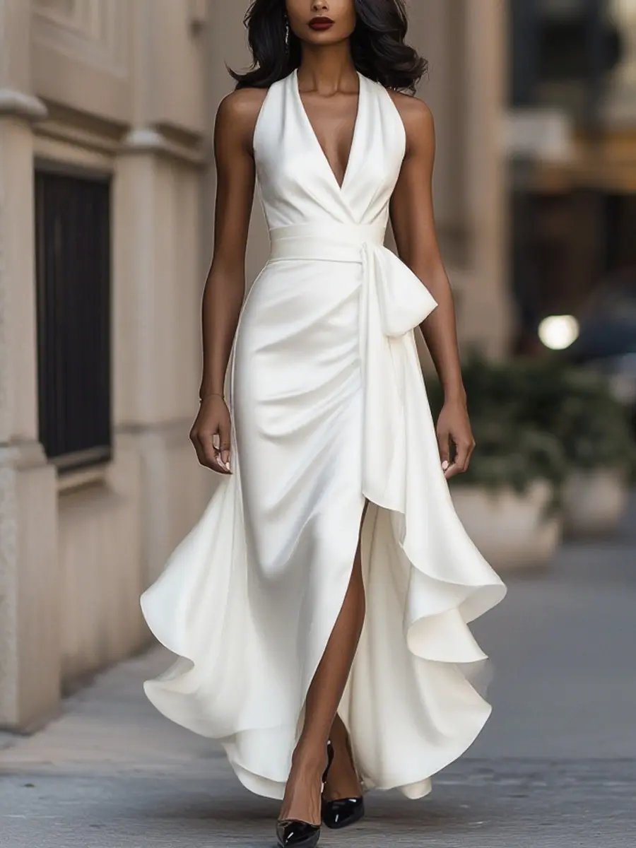 Women's Satin Halter Neck Wrap Cocktail Party High-Low Ruffle Maxi Dress