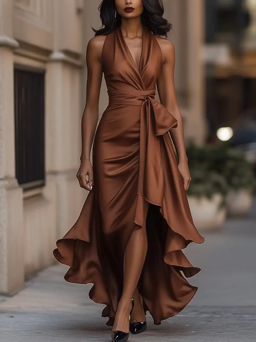 Women's Satin Halter Neck Wrap Cocktail Party High-Low Ruffle Maxi Dress