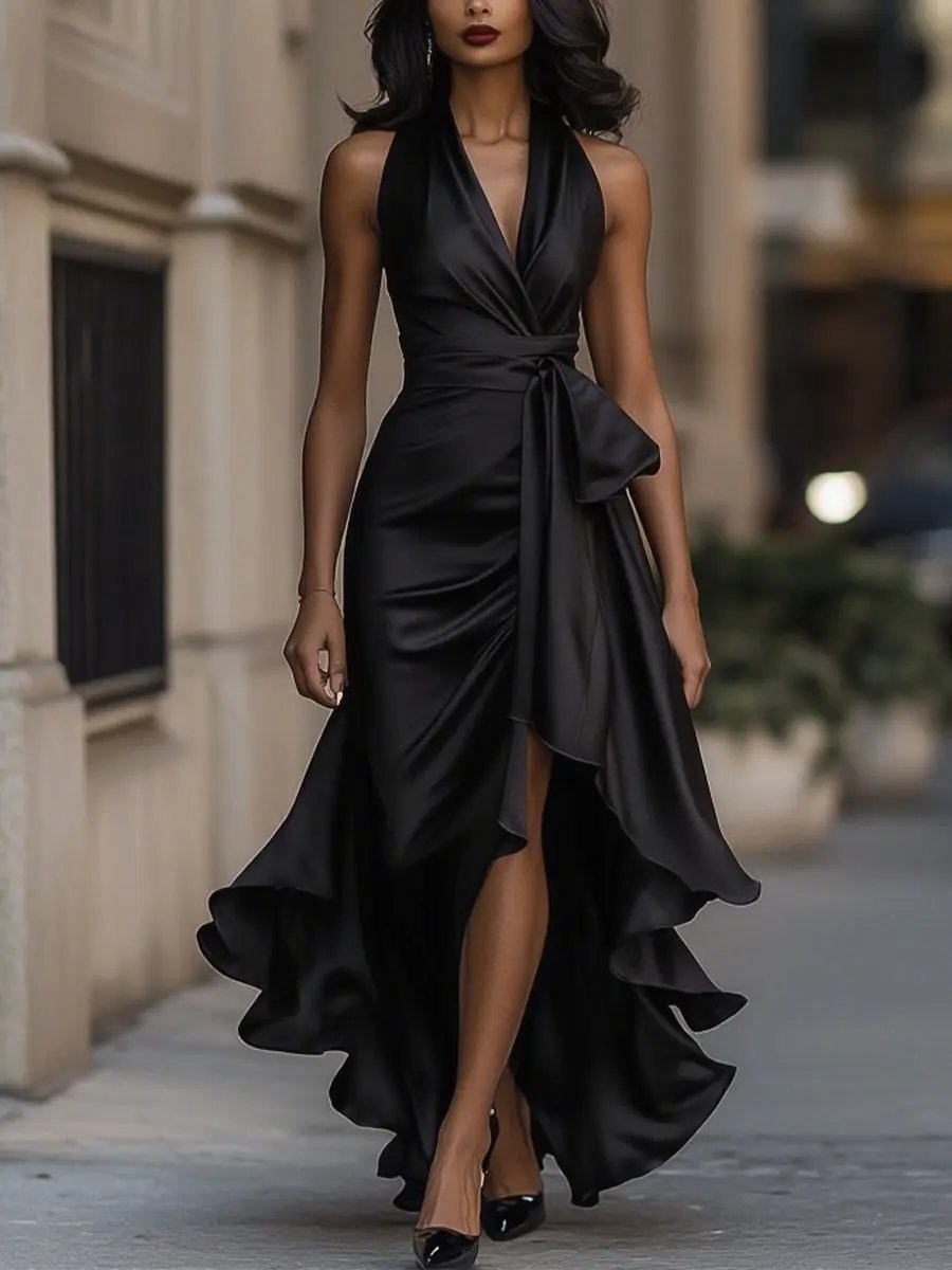 Women's Satin Halter Neck Wrap Cocktail Party High-Low Ruffle Maxi Dress