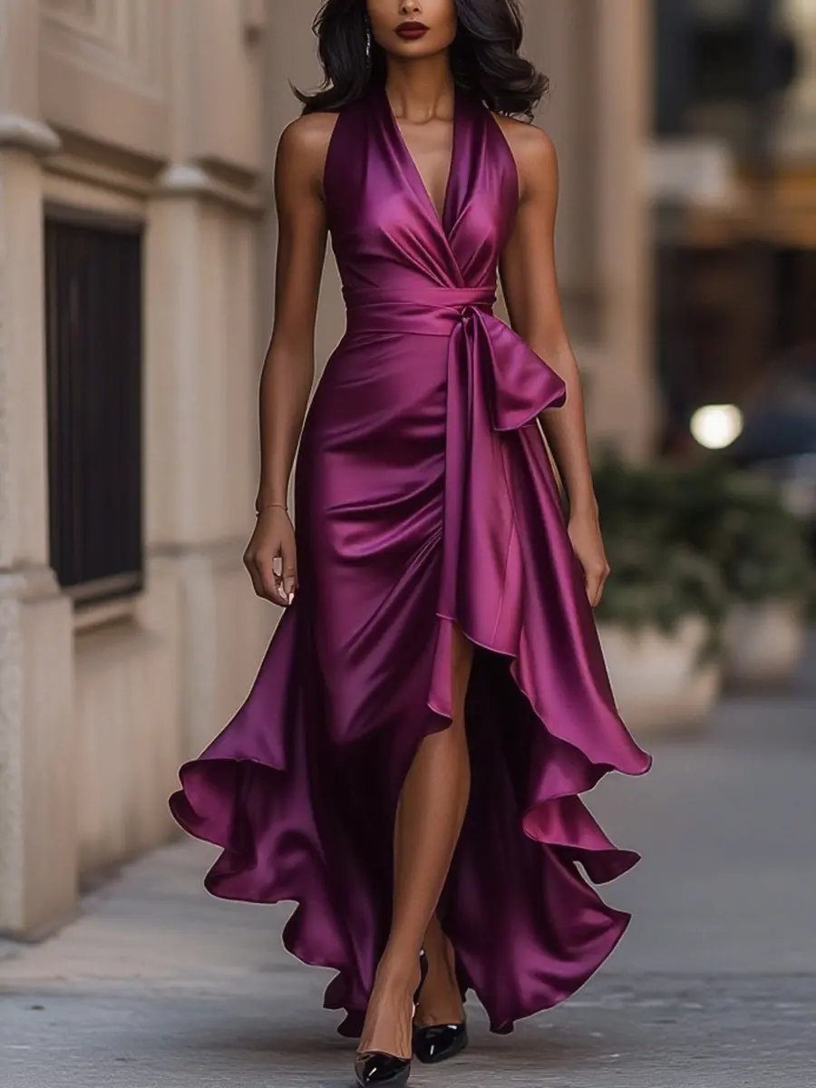 Women's Satin Halter Neck Wrap Cocktail Party High-Low Ruffle Maxi Dress