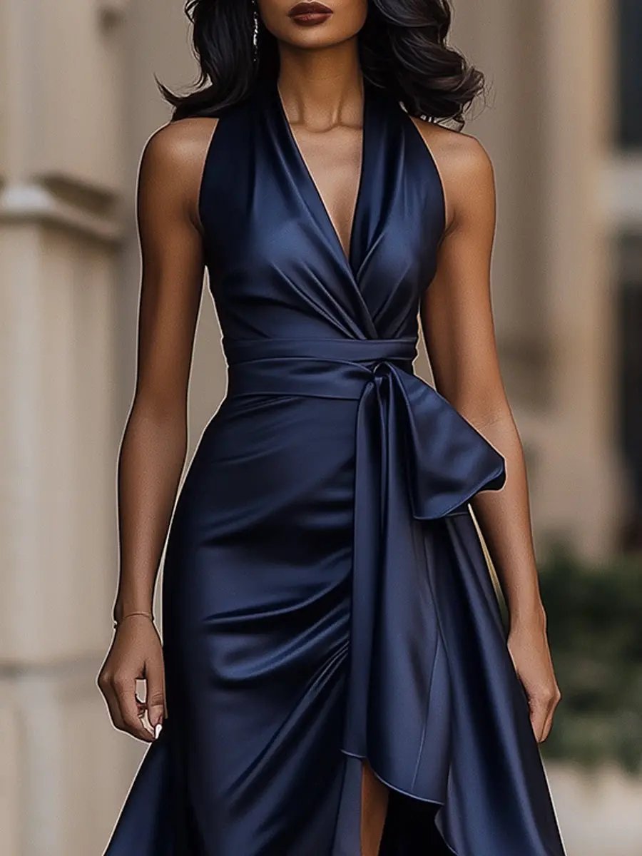 Women's Satin Halter Neck Wrap Cocktail Party High-Low Ruffle Maxi Dress