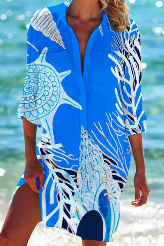 Women's Seashell & Coral Print Relaxed Beach Cover-Up