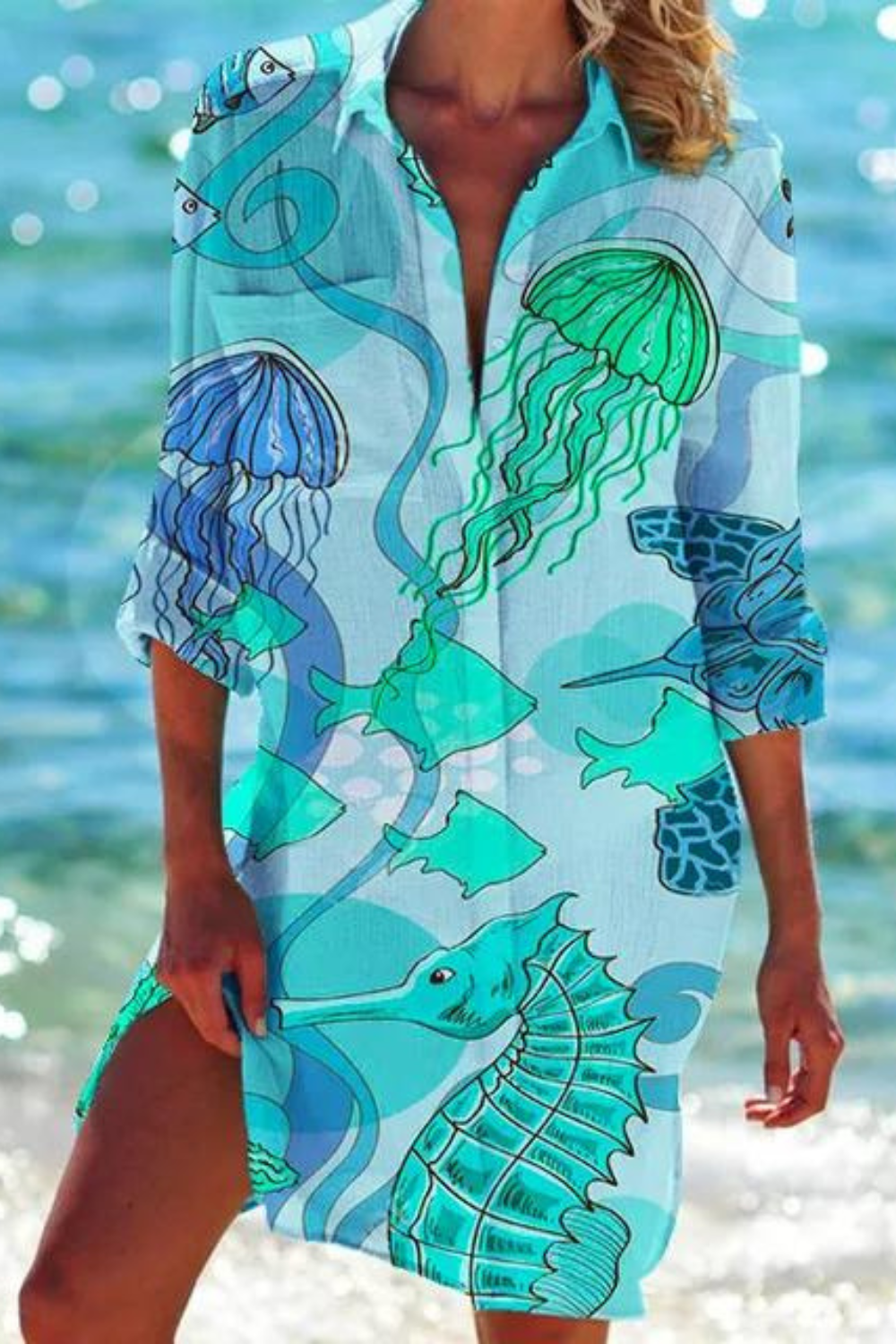 Women's Seashell & Coral Print Relaxed Beach Cover-Up