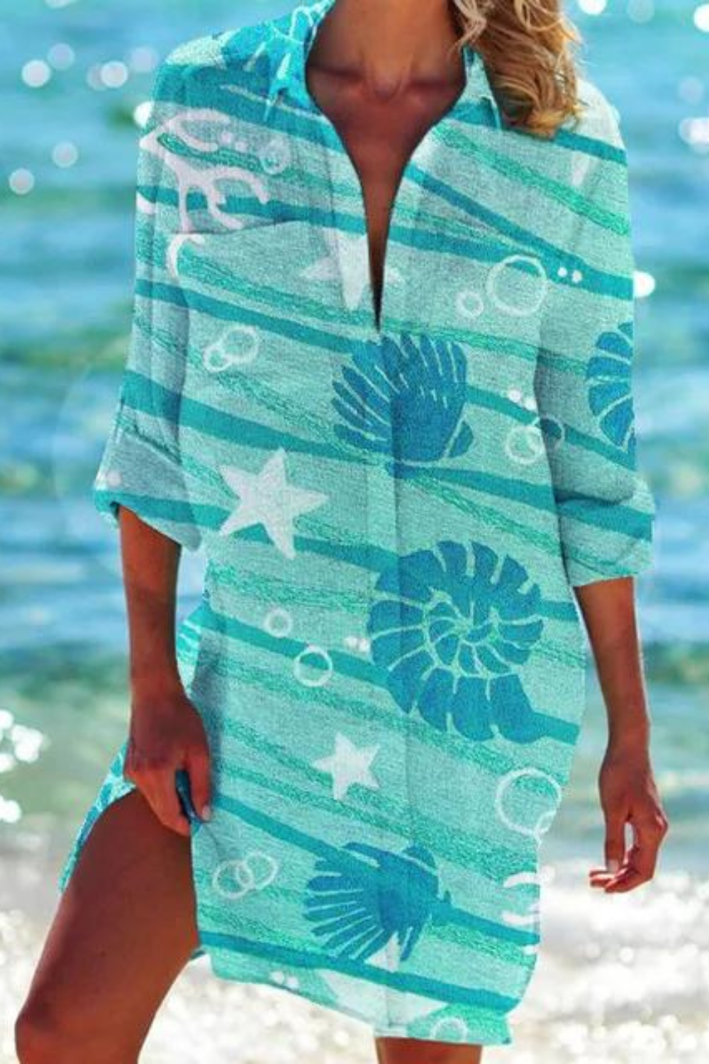 Women's Seashell & Coral Print Relaxed Beach Cover-Up