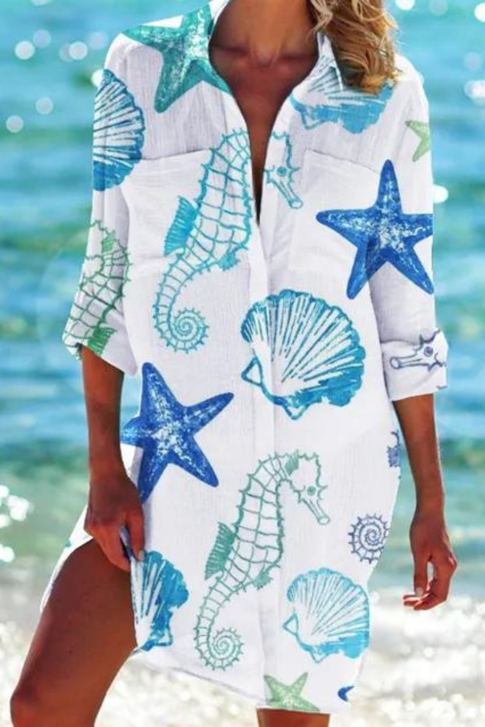 Women's Seashell & Coral Print Relaxed Beach Cover-Up