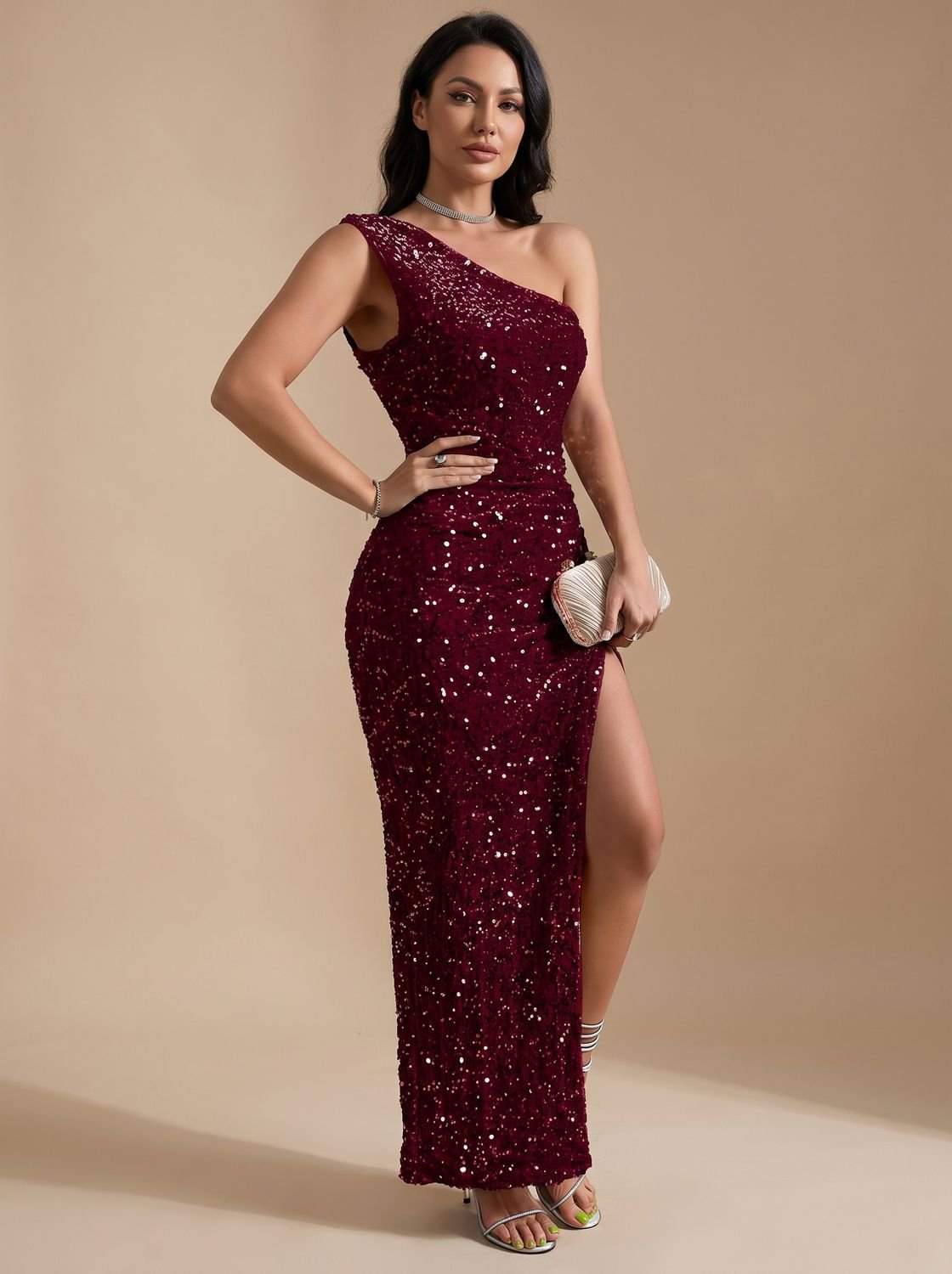 Women's Sequin One-Shoulder Maxi Christmas Party Dress with High Slit